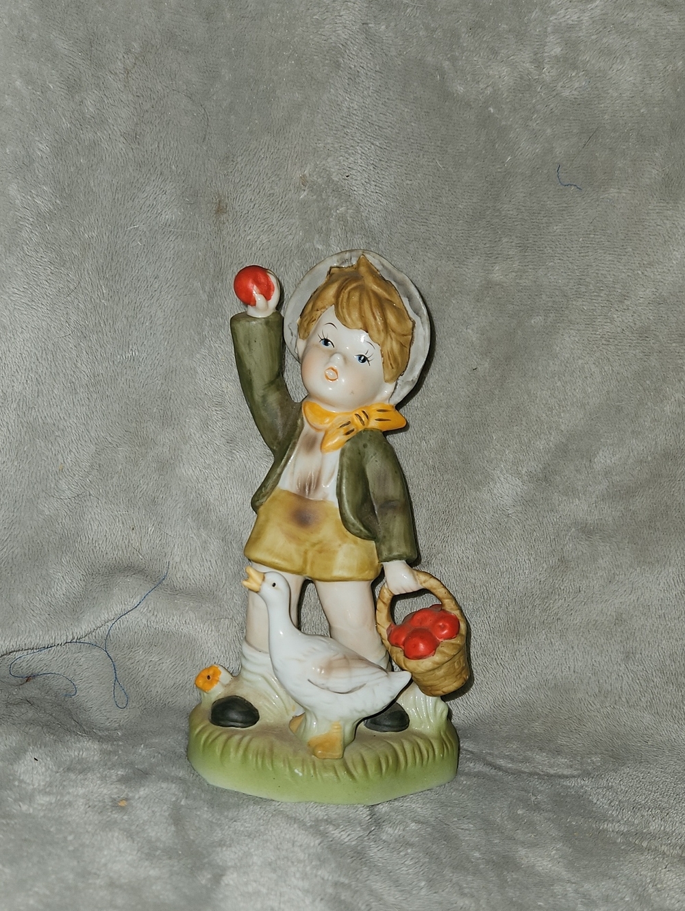 Hand-Painted Ceramic Boy with Basket and Goose - Green/Yellow
